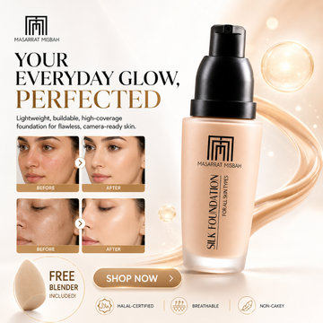 MASARRAT MISBAH Silk Foundation – Lightweight, Buildable, High-Coverage – 12-Hour Long Wear, SPF 30+ – Halal-Certified – FREE Blender Included